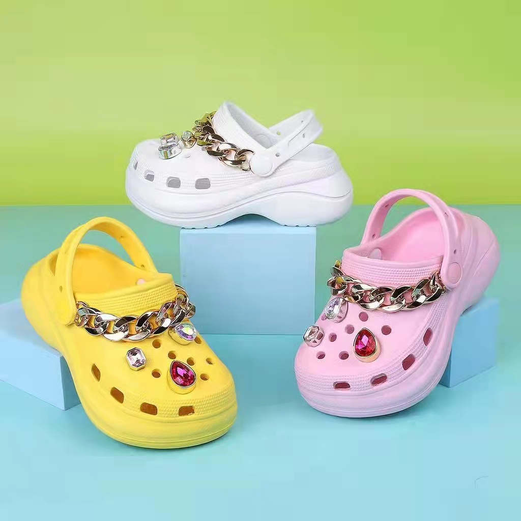 New korea fashion Crocs Clogs with CHAIN high heels crocs bae clog for kids  black flat women flat | Shopee Philippines