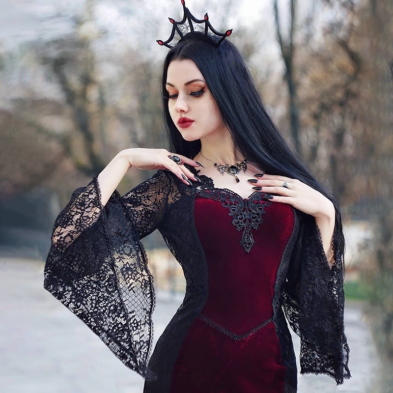 Red Gothic Leather Floor Dress Morticia Addams Costume Adult Halloween ...