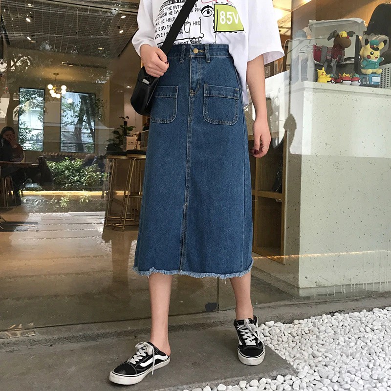 women's mid length denim skirts