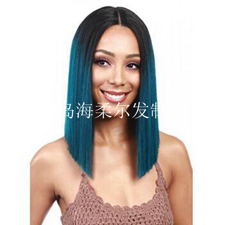 Bob Green Lace Front Wig Long Straight Black Ombre Synthetic