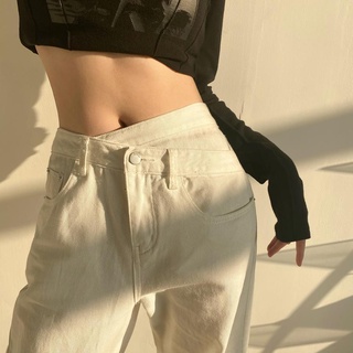 New Style White Jeans Women Korean Style Hong Kong Style Irregular High Waist Slimming and Wide Leg