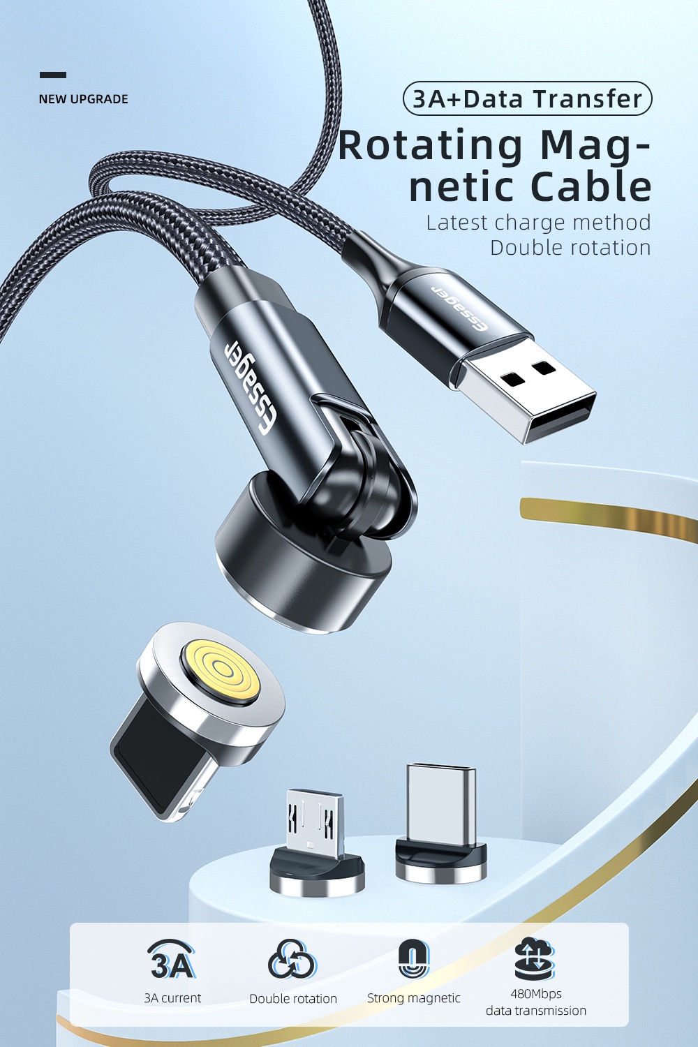 Essager 540 Rotate Cable 3A Fast Charging Micro USB Type C
