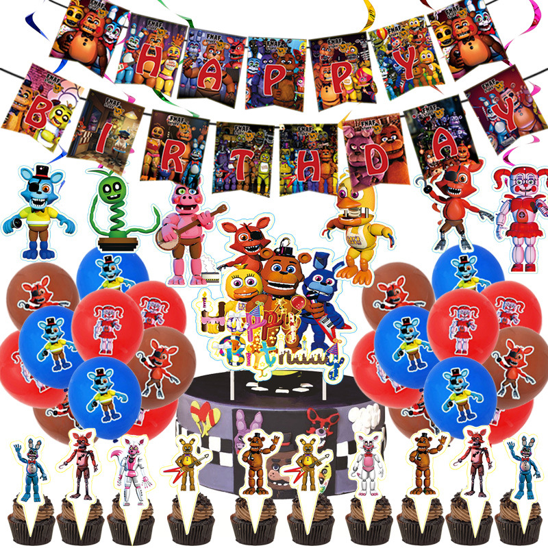 20pcs Balloons and 12pcs Cupcake Toppers Fnaf Birthday Party Decorations Includes Happy Birthday Banner Cake Topper Five Nights at Freddy Party Supplies 
