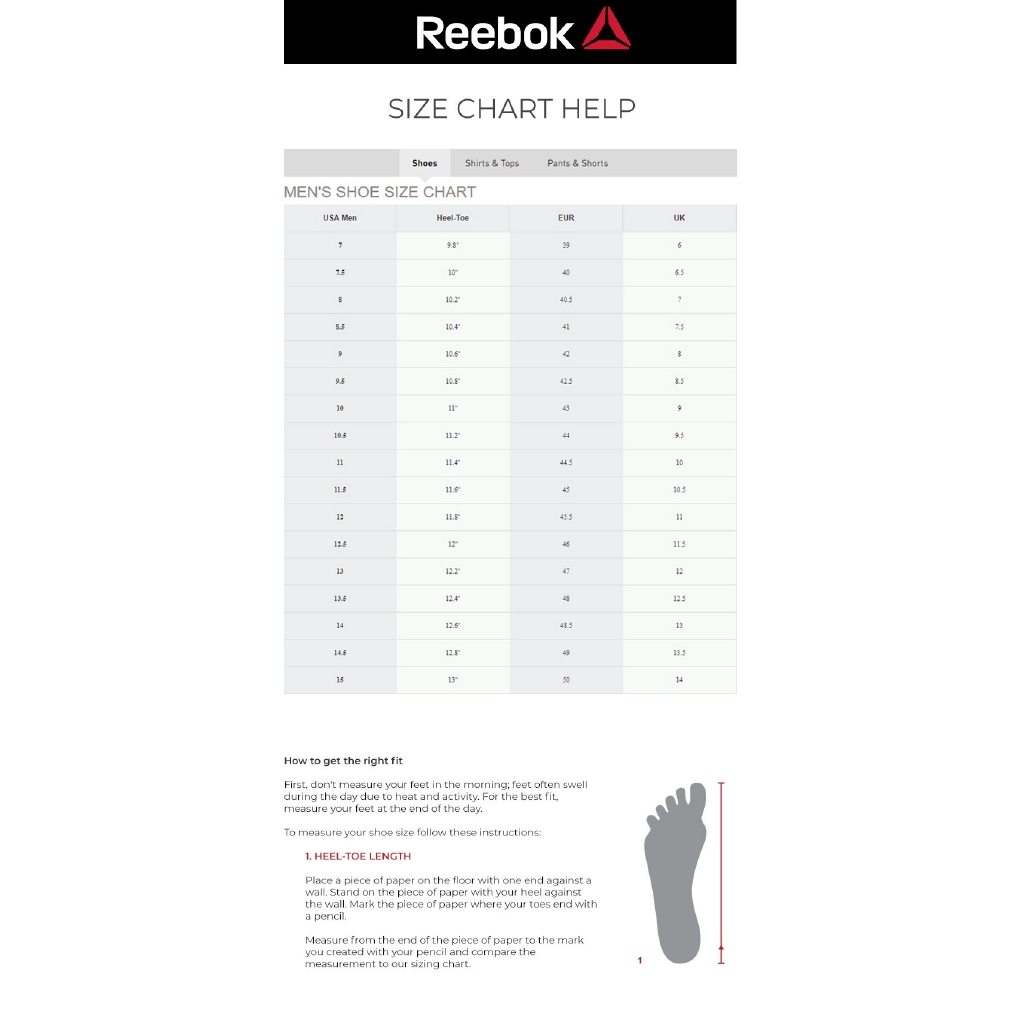 reebok shorts size chart