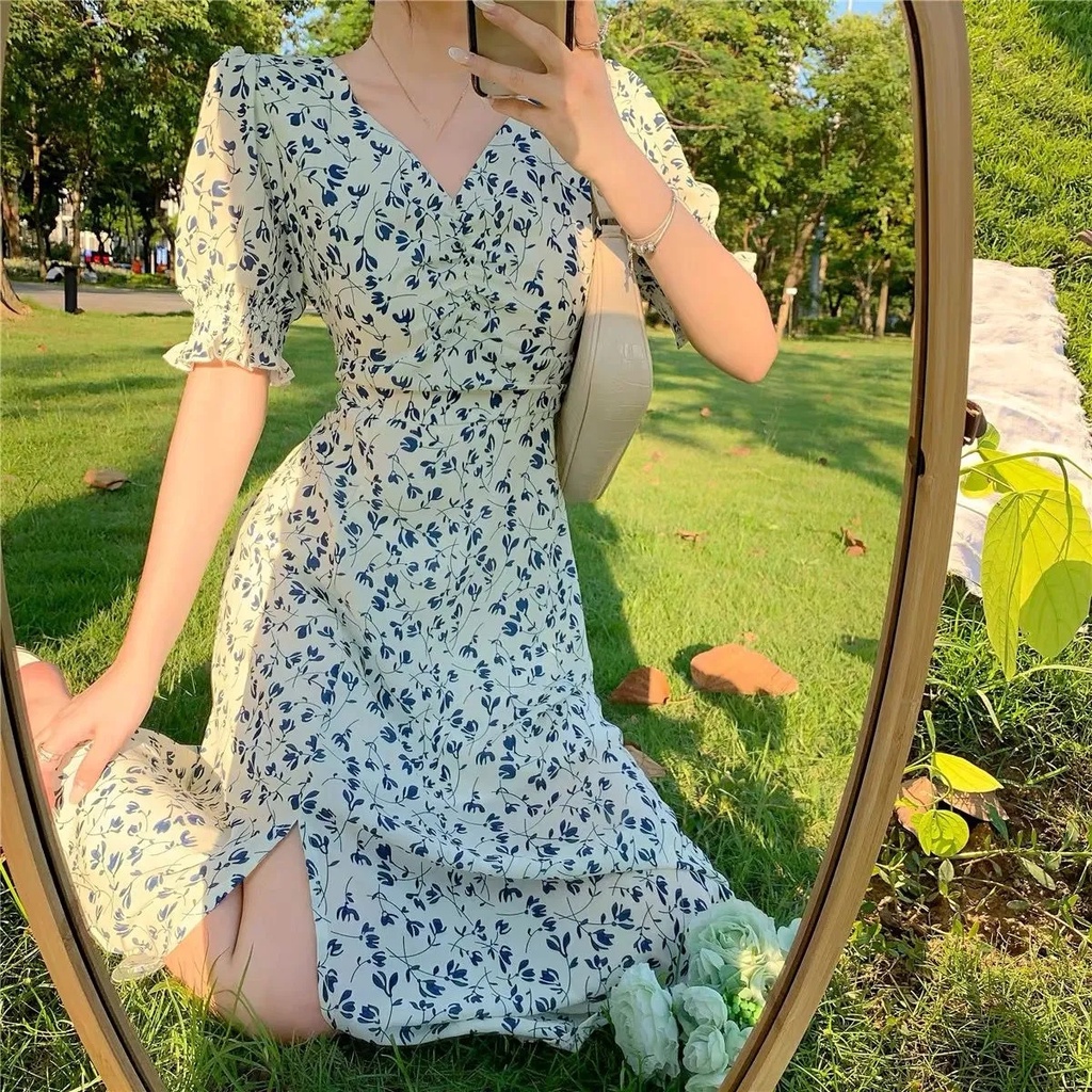 white blue dress for woman casual floral long women dress cocktail midi