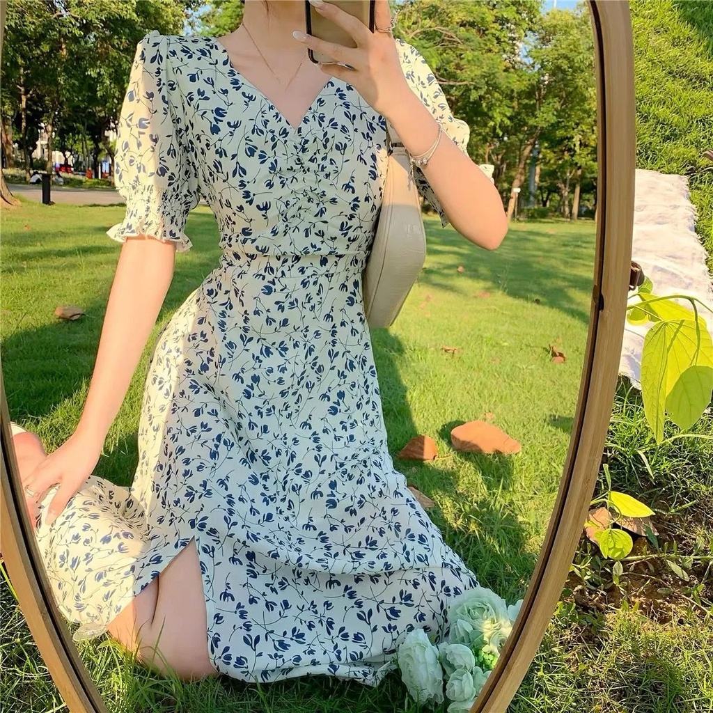 white blue dress for woman casual floral long women dress cocktail midi ...