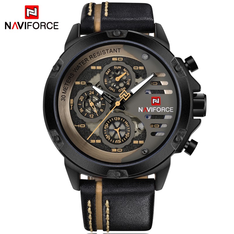 Naviforce Brand Sports Mens Waterproof Quartz Leather  