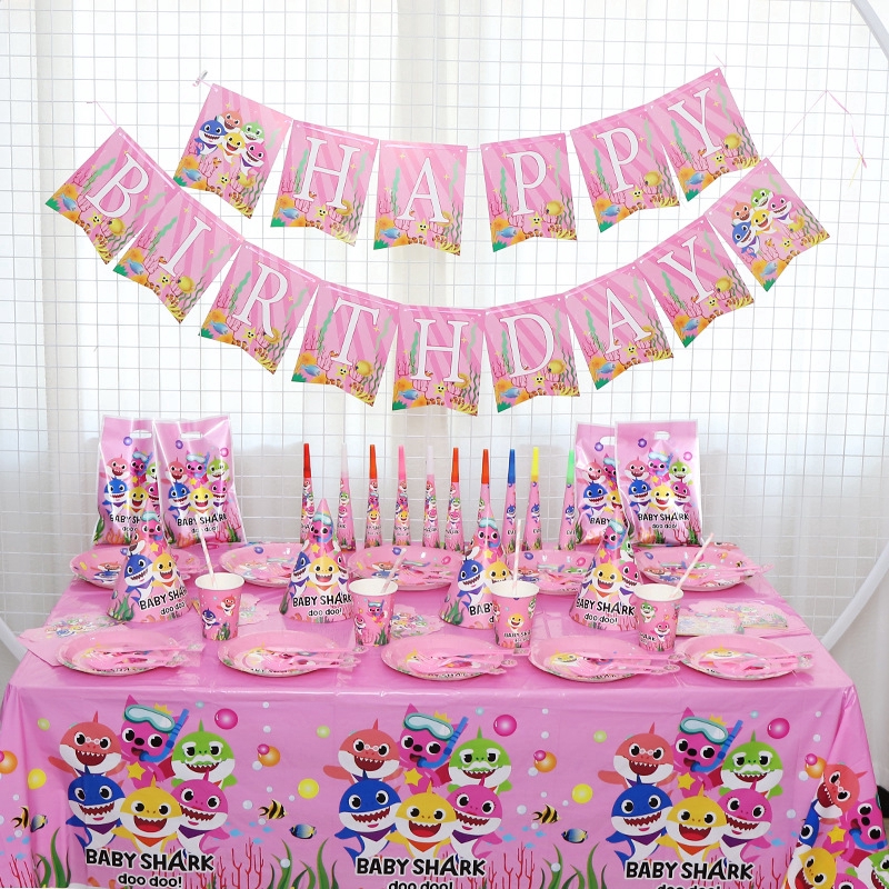 Pink Girl Baby Shark Birthday Party Decoration Paper Cup Plate Tablecloth Flag Hats Blower Gift Party Supplies Shopee Philippines