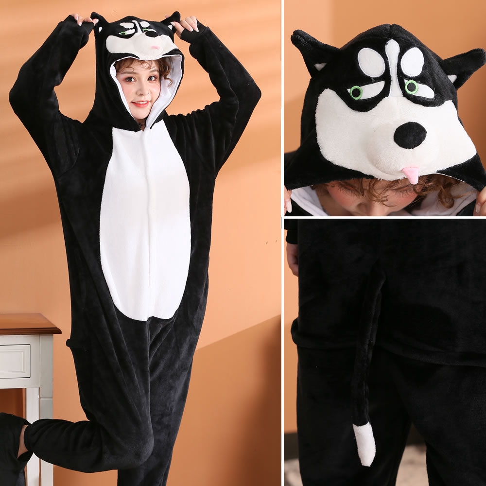 Flannel Animal Husky Dog Pajamas Cartoon Onesie Costume Warm Black White Cute Dog Kigurumi Jumpsuit