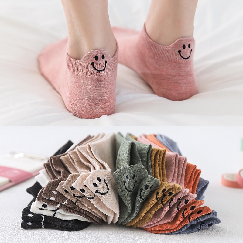 Heel Embroidery Smiley Face Couple Boat Socks Solid Color Cotton