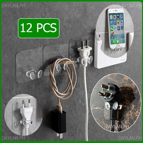 12pcs Plug Hooks, Plug Holders Transparent Wall Powerful Adhesive Power ...