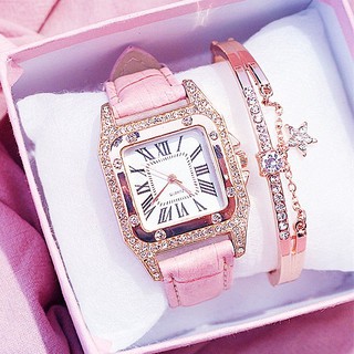 Ready Stock Women Square Diamond Watch Leather Strap Wristwatch