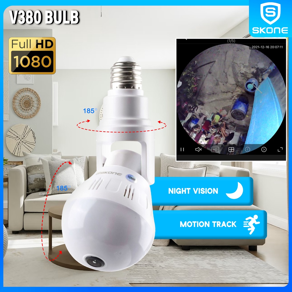 SKONE Bulb V2 Round Type V380 CCTV Bulb Camera 360 Panoramic 1080p