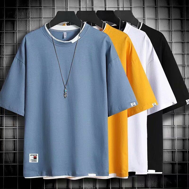 New Fashion Men TShirt Fake Two Pieces Fashion All Match Short Sleeve ...