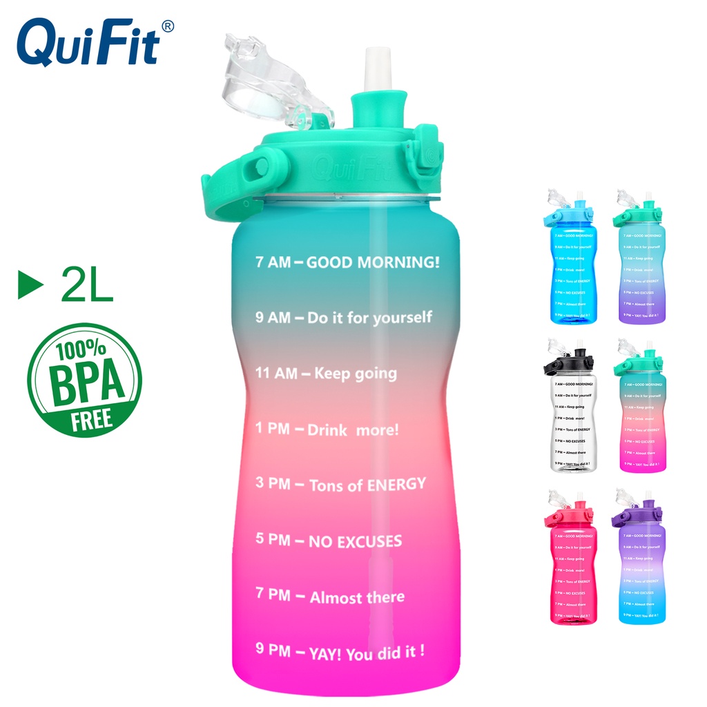 QuiFit 2L Wide Mouth Water Bottle With Flip Lid & Drinking Straw and