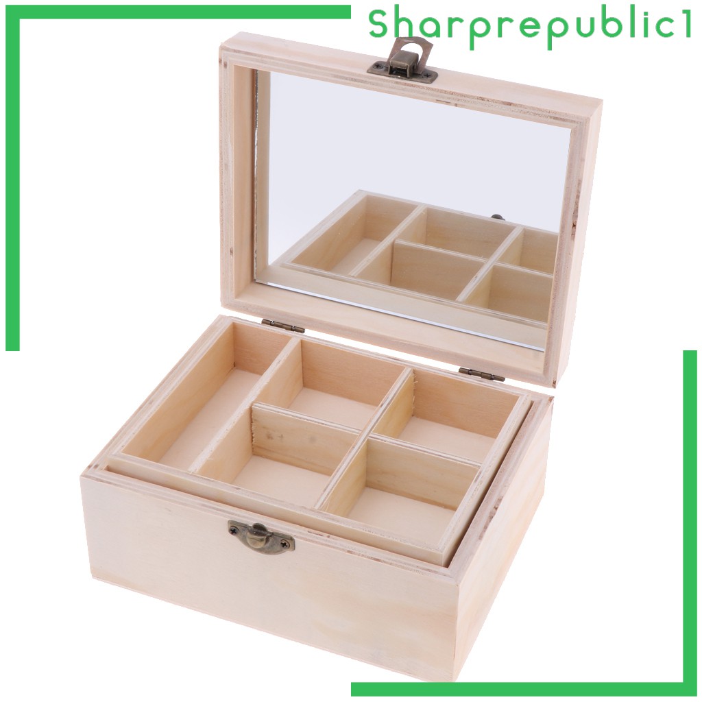 Wooden 6 Compartments Box with MirrorMakeup Organiser for Decoupage Craft DIY 