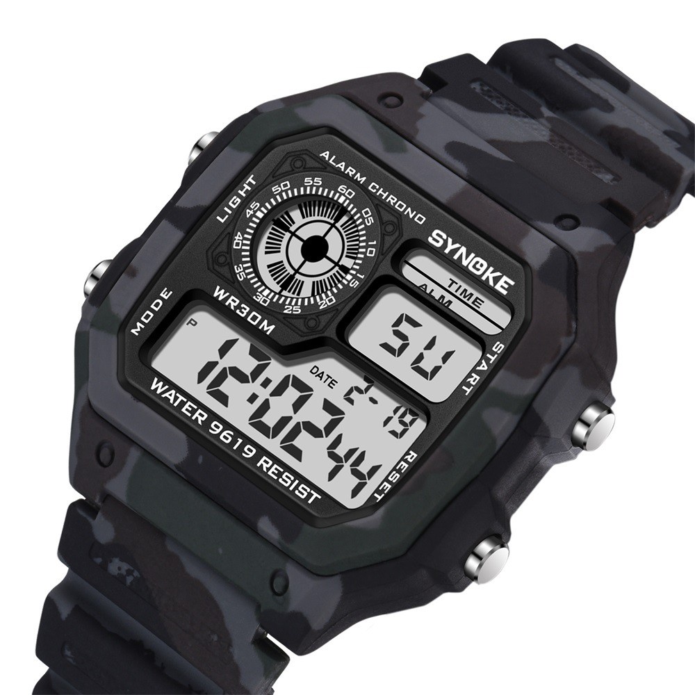 Synoke Digital Watch Camouflage Style G Shock Multifunctional Waterproof 30m for Man and Women Students 9619