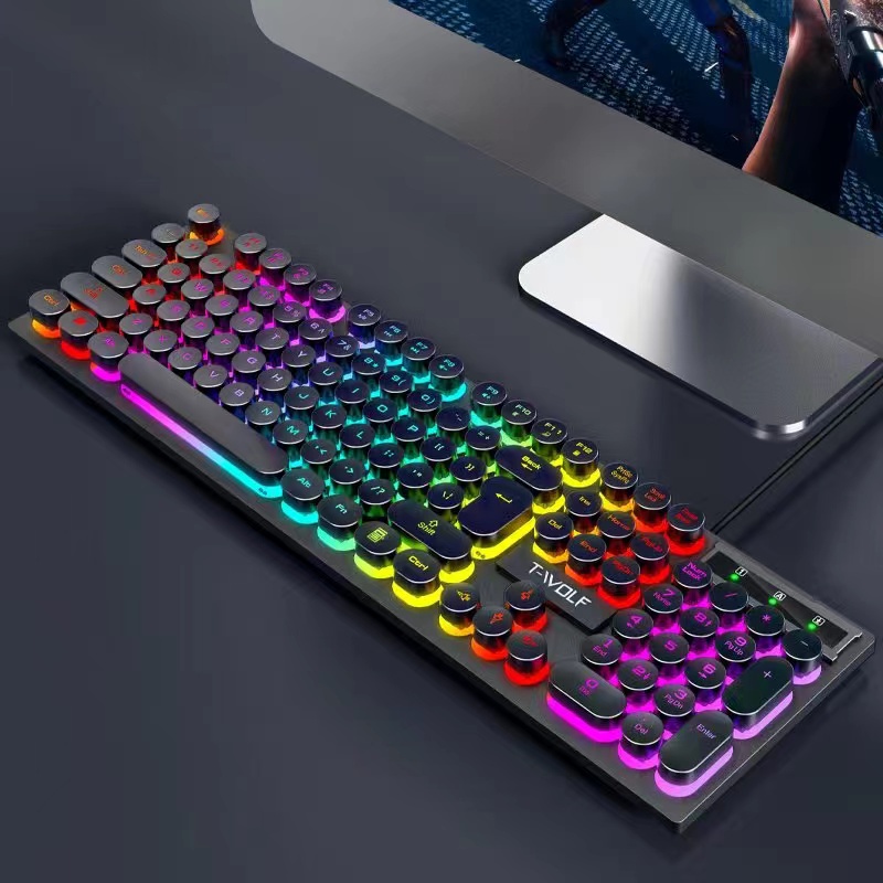 Round Keycaps Retro Punk RGB Backlit Gaming Keyboard USB Wired Semi