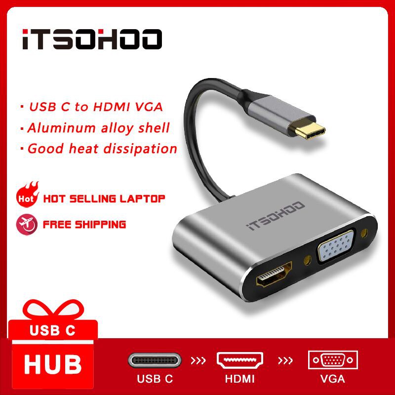 iTSOHOO USB C to HDMI VGA Adapter, Aluminum 2 in 1 USB Type C to VGA