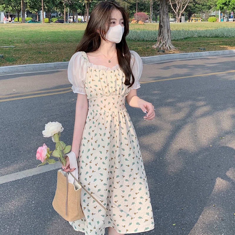 Ladies Dress 2022 Ladies Square Neck Puff Sleeve Floral Korean Dress