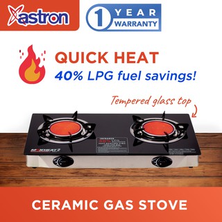 Astron MAXHEAT2 Double Burner Ceramic Gas Stove with Tempered Glass Top | Infrared Burner