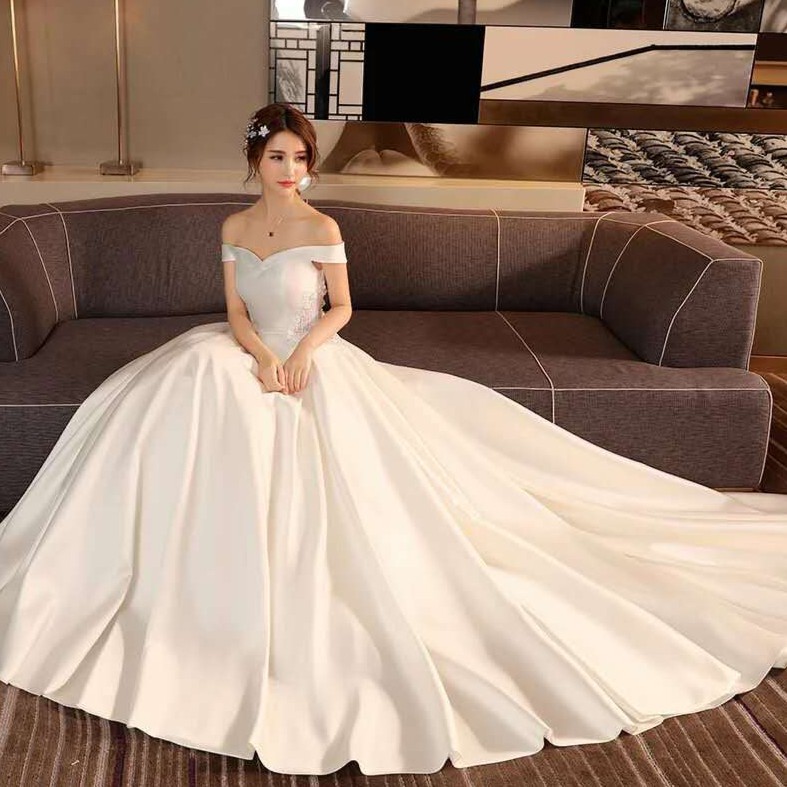 white satin wedding gown