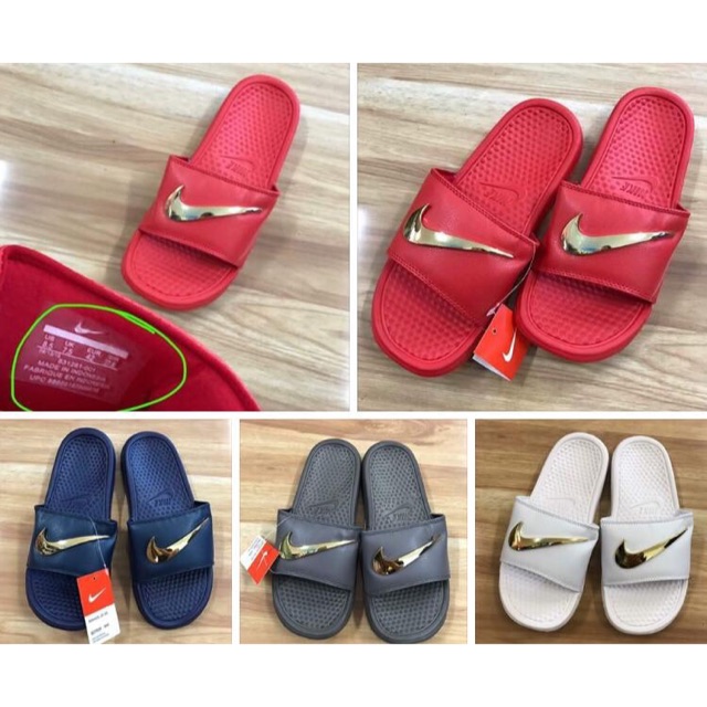 nike slippers gold check