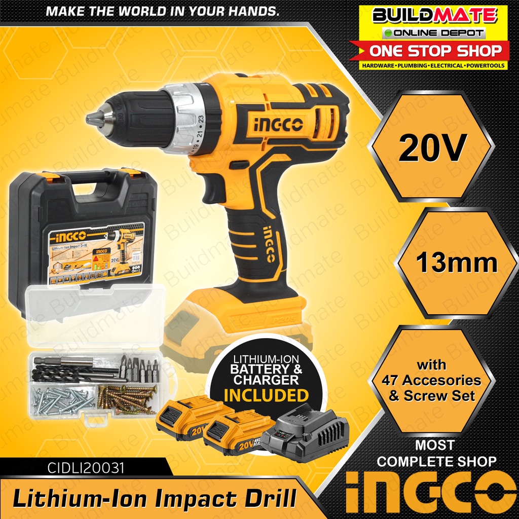 INGCO Cordless Impact Hammer Drill 20V 13mm POWERSHARE w/ 2X Battery