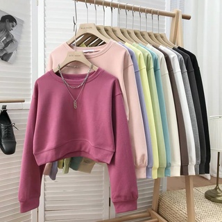 Korean cotton high waist long sleeve round neck women's sweater / crop top