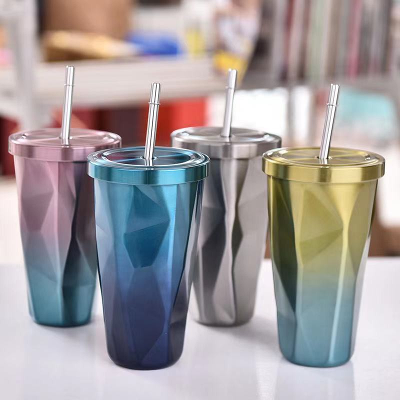 Cool Water Cup Thermos Cup Diamond Stainless Steel Straw Cup Double Car