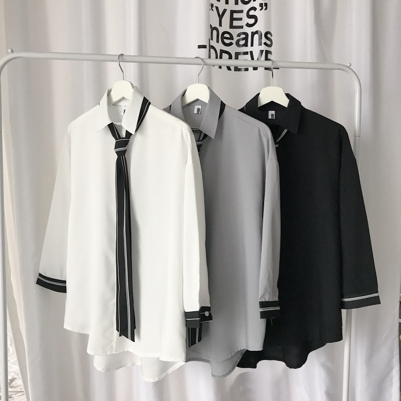 【3 Color】M-3XL Korean Long sleeve Mens White plain shirt loose polo ...