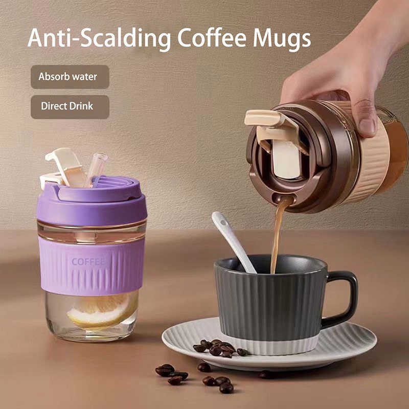 Glass Travel Coffee Mug Reusable Coffee Cup with Lid and Straw Portable ...