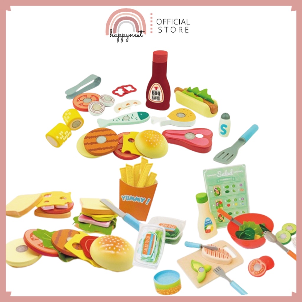 Happynest Salad Toy Fast Food Sandwich Toy Barbecue Toy Wooden Toy