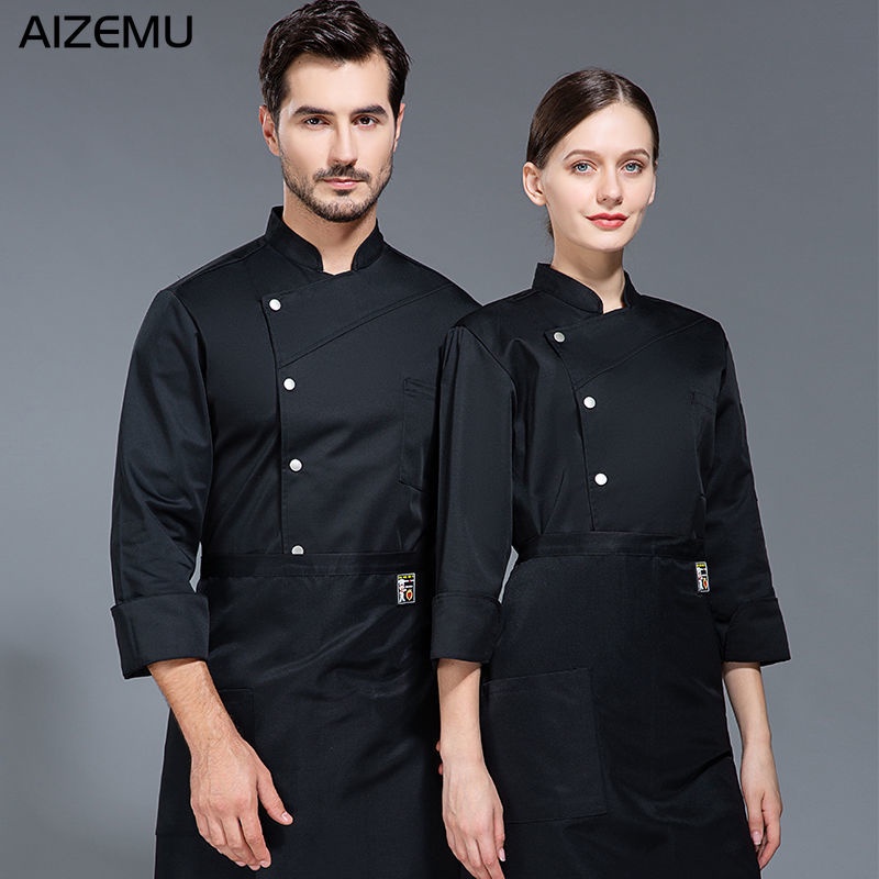 Men Chef Jacket Black and White Chef Outfit Long Sleeve Chef Coat Snap Front Closure Restaurant