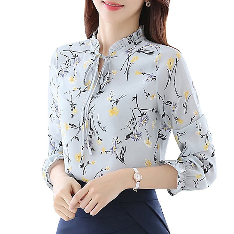 Floral Tops Blouses Women Long Sleeve Shirts Chiffon Blouse