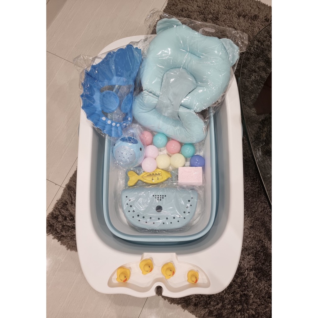 BIG Foldable Collapsible Bath Tub w/ Cushion, Stool, Shower Cap, Rinse Cup, Bath Sponge, Toys Large