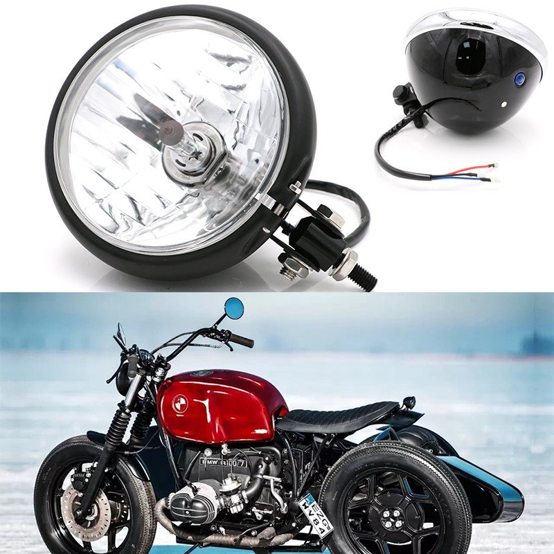 Black Old School Motorcycle Headlight High Low Light H4 Bulb 12V 55/60W Round 
