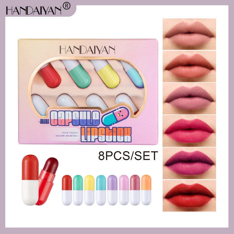 HANDAIYAN 8 Color Lipstick Set Waterproof Mini Capsules Matte Velvet