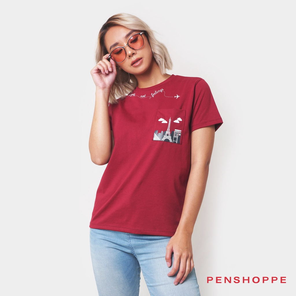 Penshoppe Relaxed T-Shirt With Pocket Design For Women (Maroon) | Shopee  Philippines