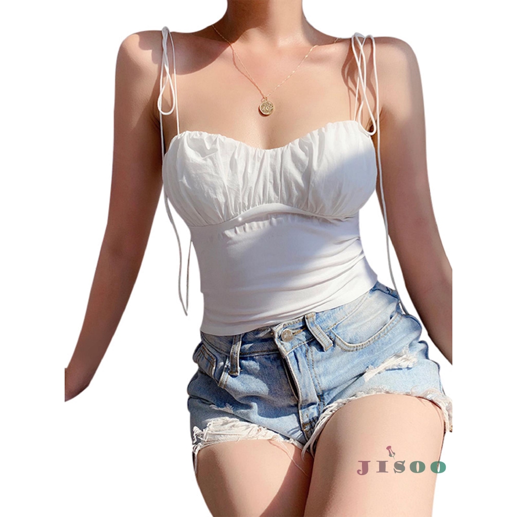 I Iwomen S Summer Sexy V Neck Sleeveless Camisole White Strappy Ruched Crop Tank Tops Shopee Philippines