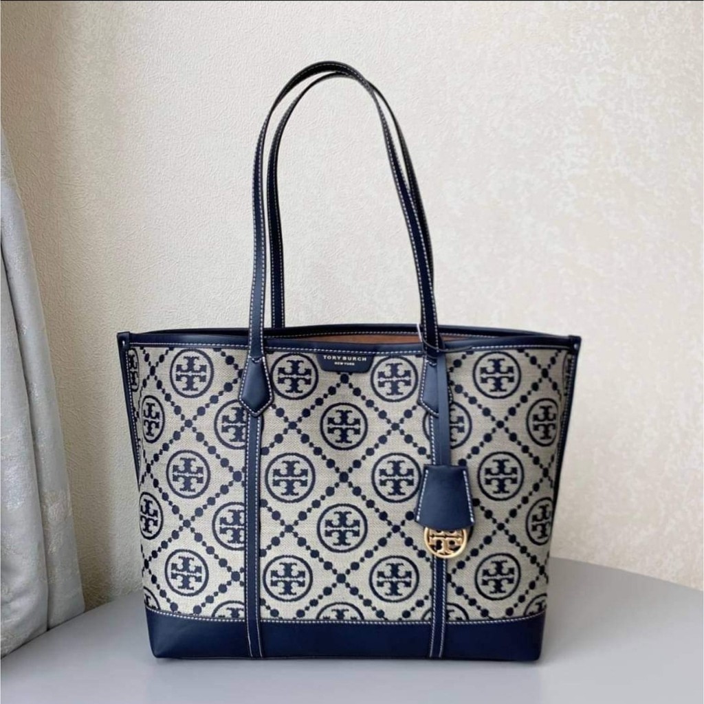 Tory Burch 83312 Perry T Monogram Triple Compartment Tote Bag in Navy Blue  Woven Jacquard with Fine | Shopee Philippines