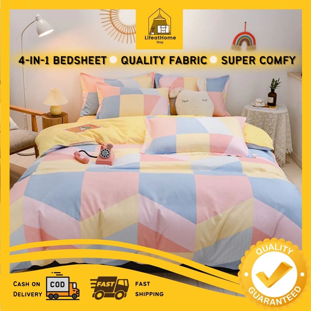 LifeatHome 4 in 1 Bedsheet Set Aesthetic Cute Pastel Design for Single/Double/Queen/King Bed