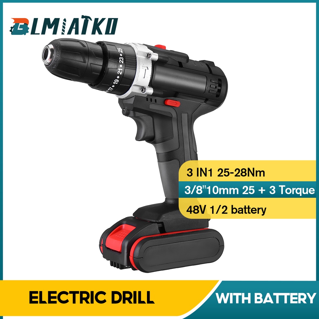 BLMIATKO 48V 3 in 1 Cordless Electric Drill Screwdriver 25+3 Turque