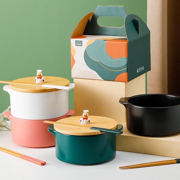[ sol and luna.home ] Nordic Ceramic Ramen Bowl with Lid and Chopsticks Gift Box Set Shopee