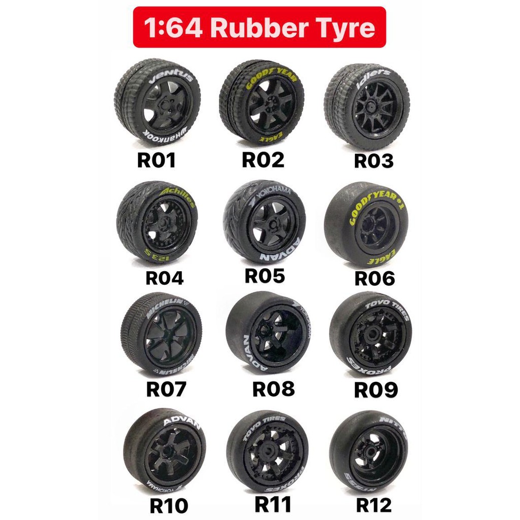 10 sets JDM Black Red Line Hot Wheels 4 Spoke Long Axle Rubber Tire