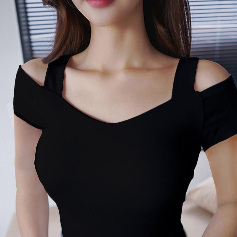 black v neck off the shoulder top