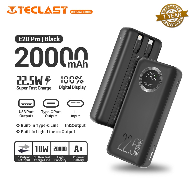 Teclast E20 Pro 20000mAh 22.5W PD18W Fast Charge Built-in Cable 3 In 3 ...