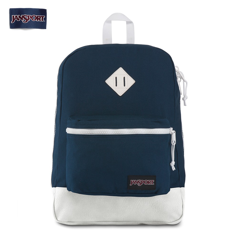 white and blue jansport backpack