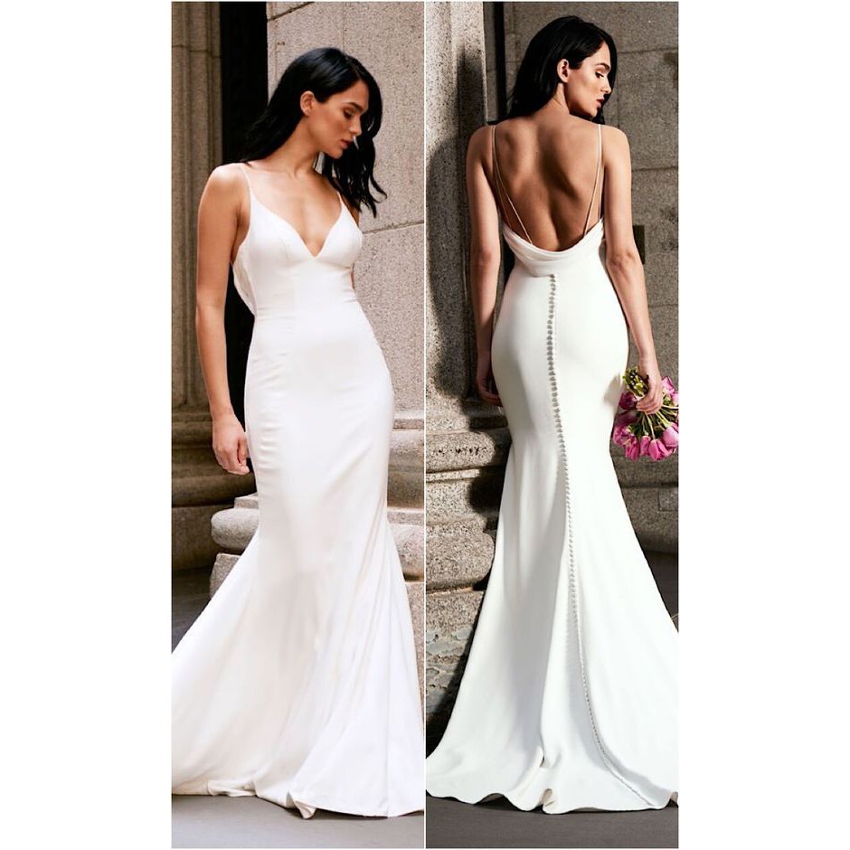 v neck white gown