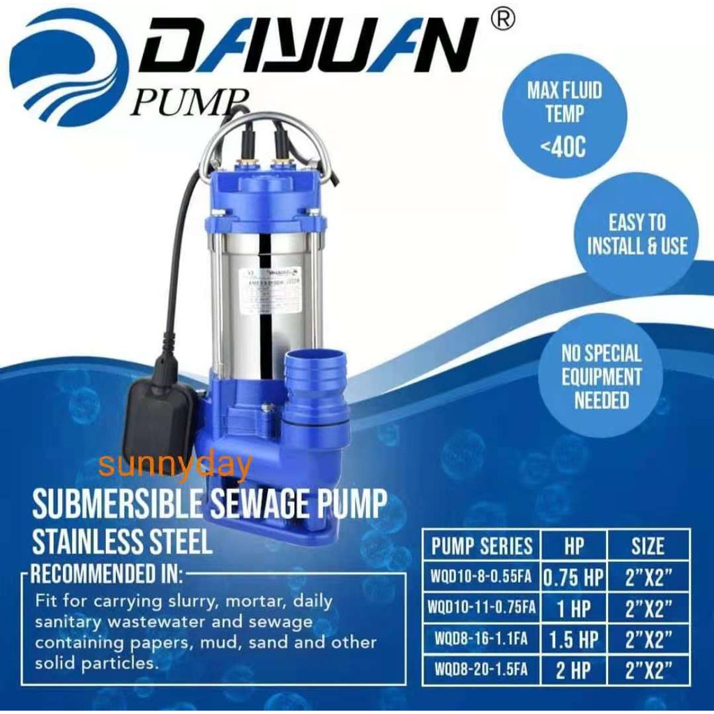 DAYUAN sewage water dirty water submersible pump 2hp 20mtrs head w
